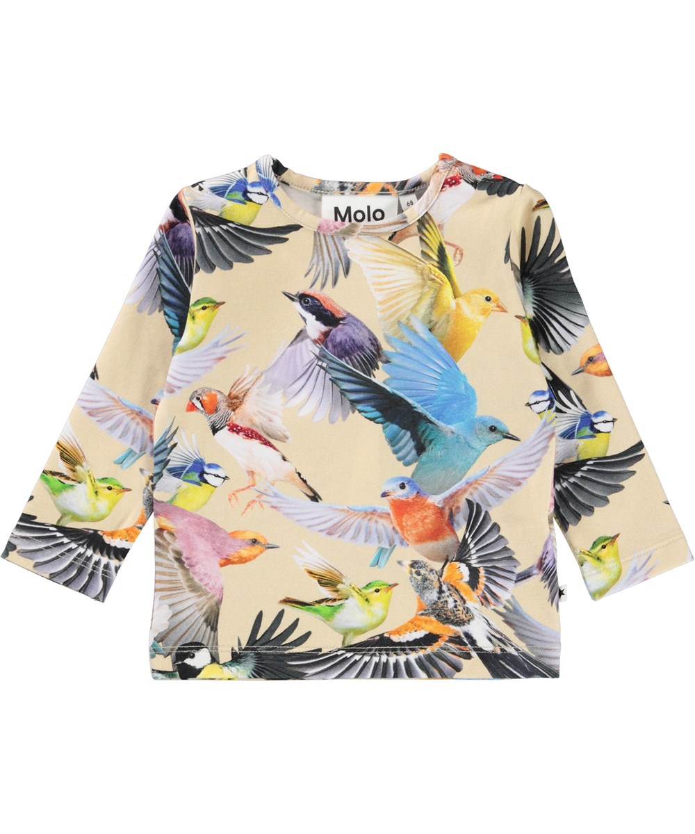 Eva - Whimsical - Hellgelbes Öko-Babyshirt mit Vogelaufdruck