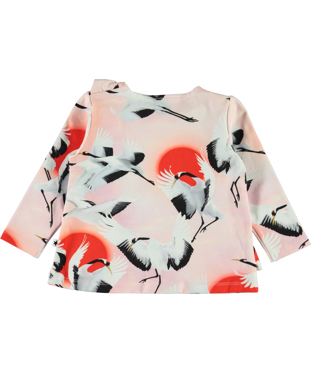 Evelyn - Sunrise Cranes - Babybluse mit Vögeln und Rüschen
