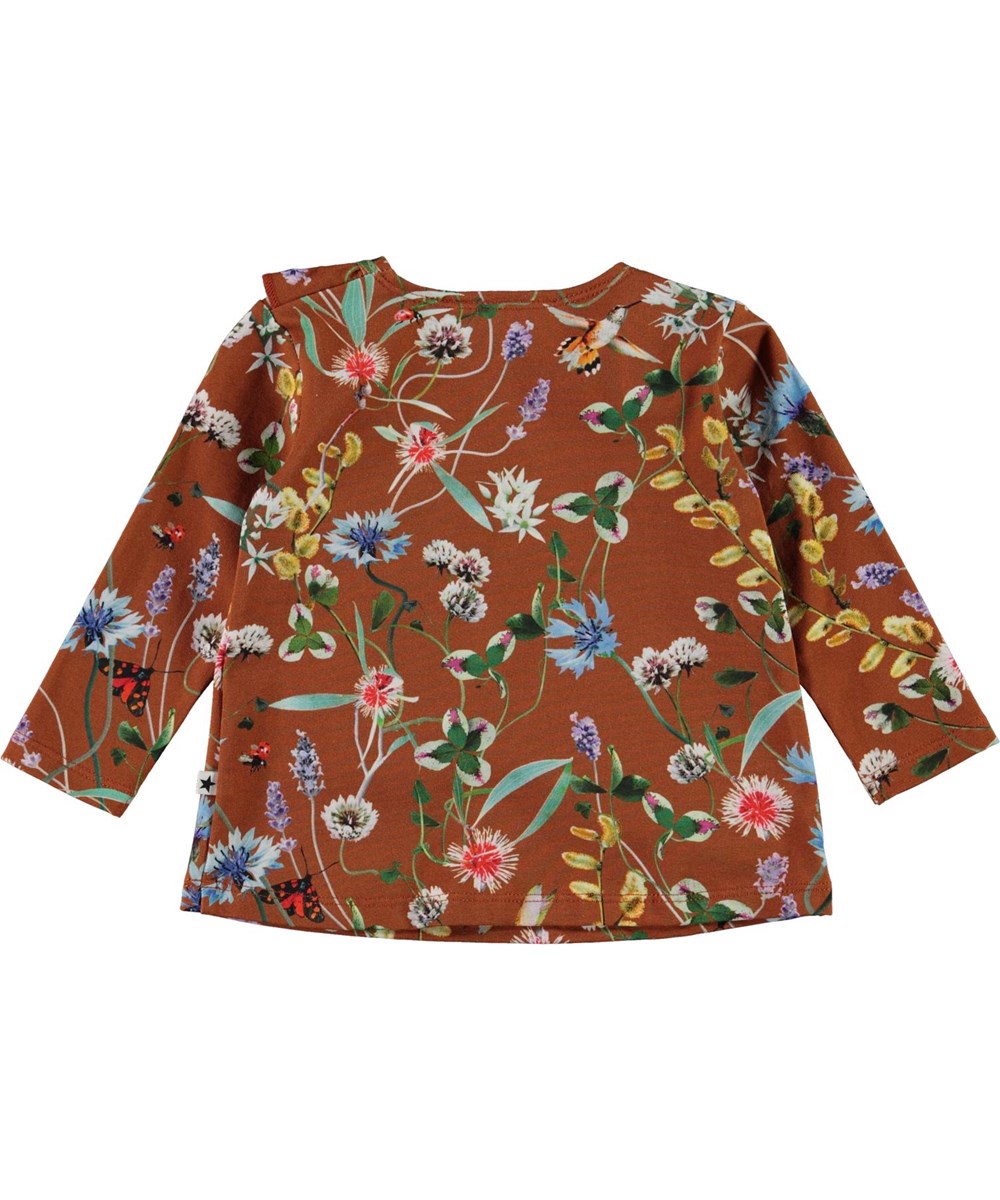 Evelyn - Wildflowers - Braune Babypullover mit Blumen und Rüschen