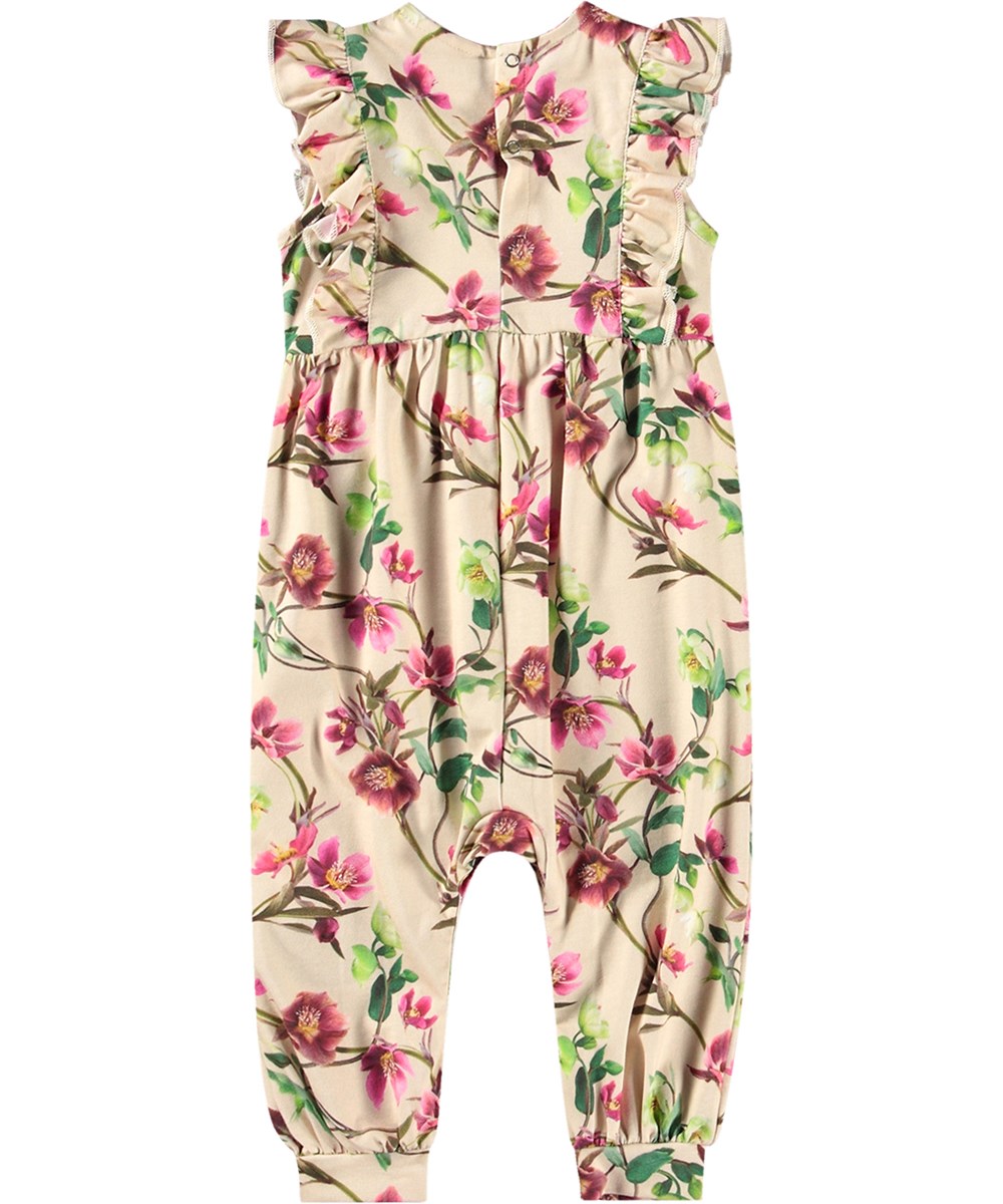 Fallon - Hellebore - Beige babyrompertje van zacht biologisch katoen met bloemenprint. 