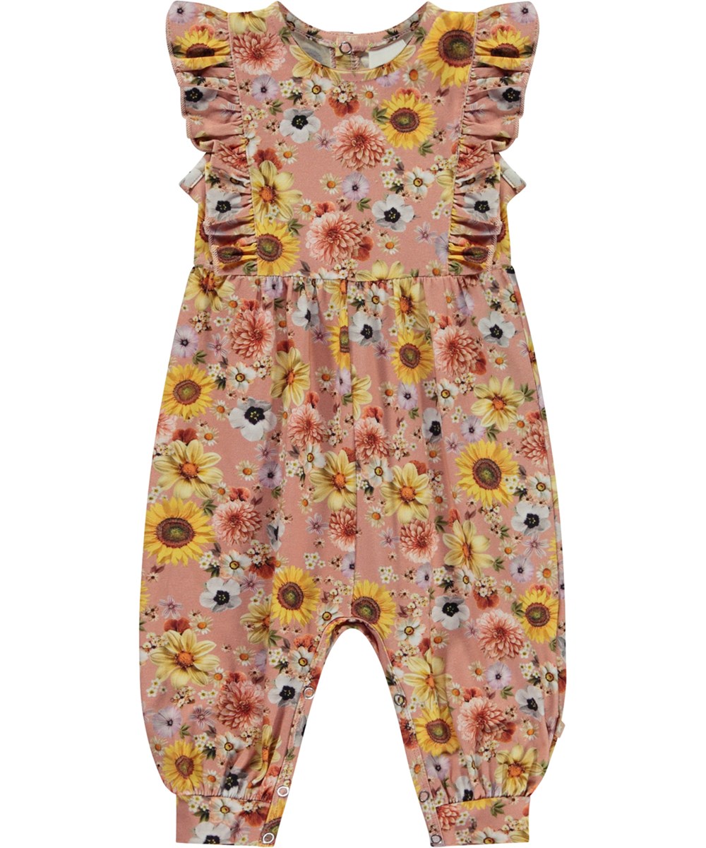 Fallon - Mini Floral - Roze biologische babypakje met paddenstoelprint en ruches