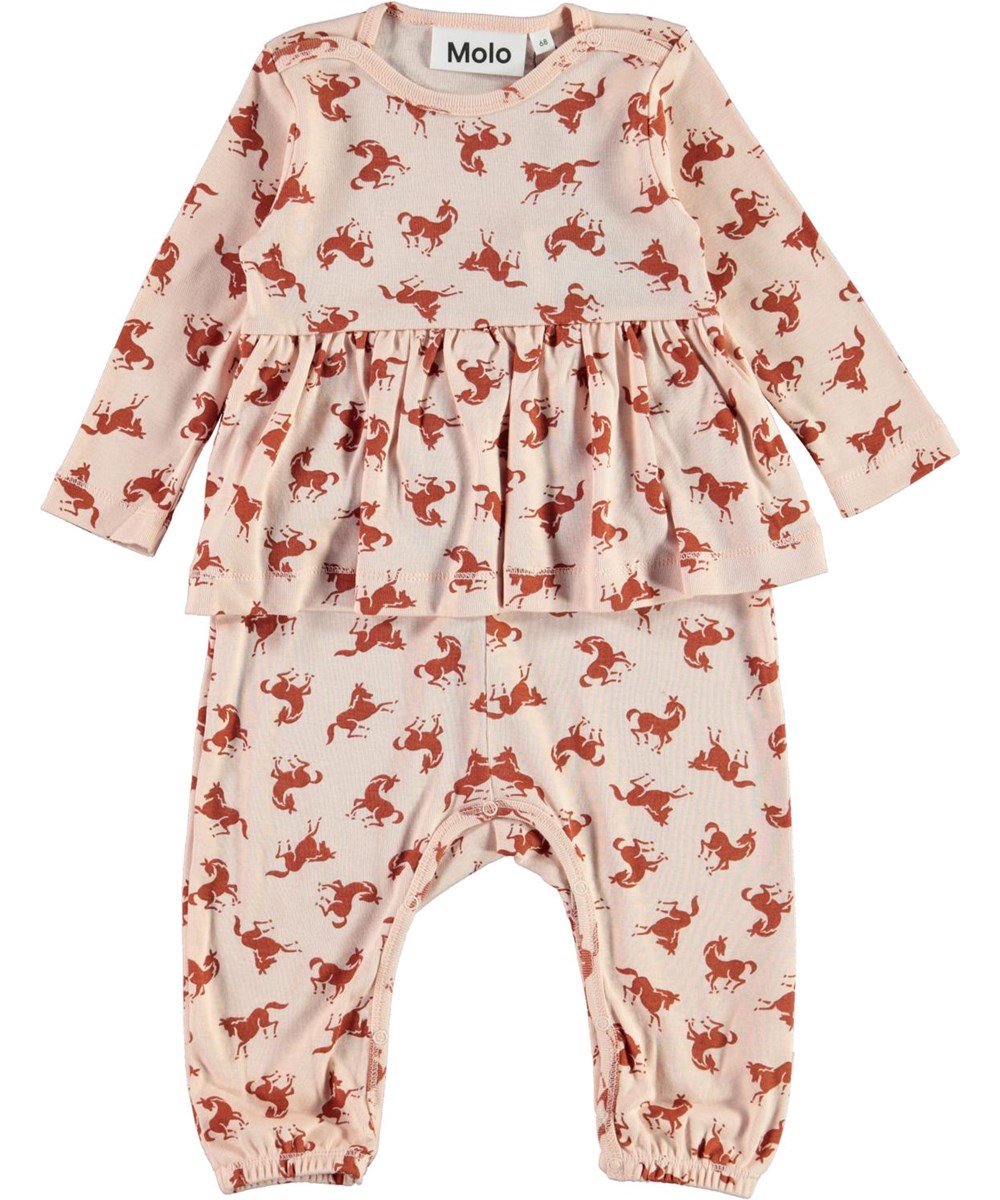 Flavia - Mini Horse Jersey - Roze biologische babypakje met paardenprint