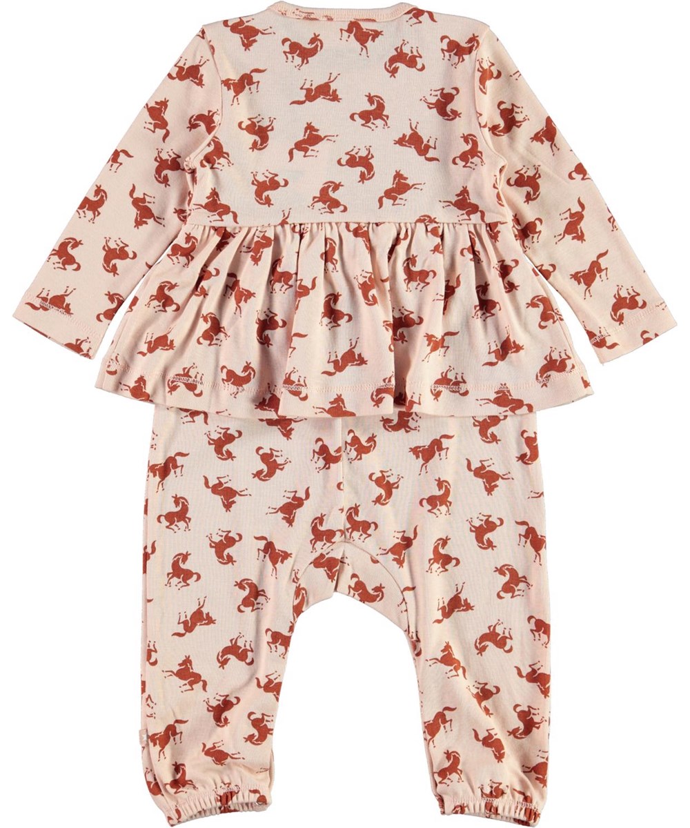 Flavia - Mini Horse Jersey - Roze biologische babypakje met paardenprint