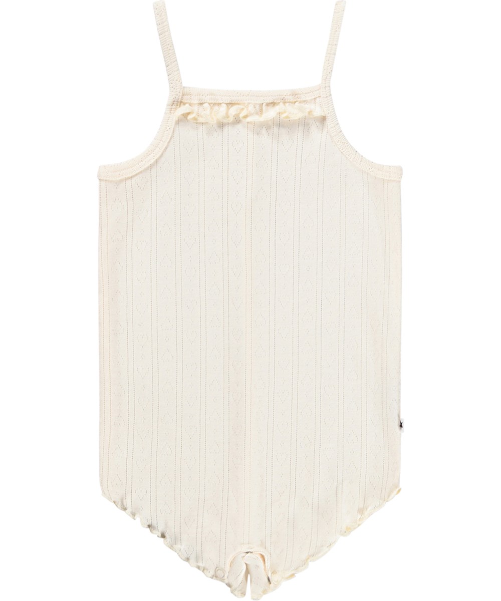 Florie - Pearled Ivory - Witte body voor de kleintjes gemaakt van biologisch katoen pointelle met bandjes en ruchesdetails.