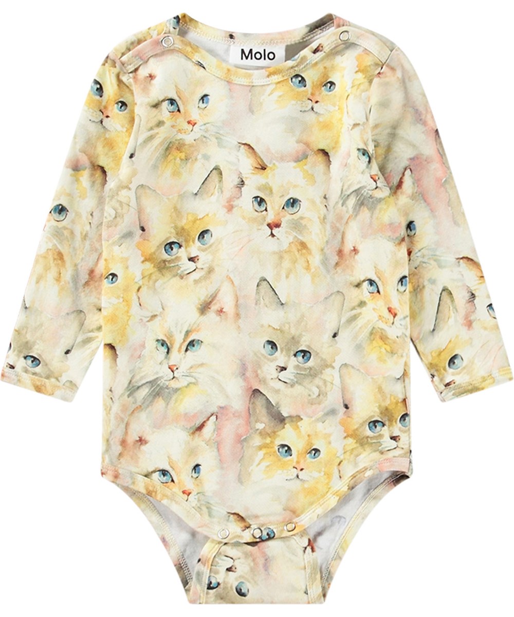 Foss - Aquarelle Cats - Rompertje van biologisch katoen met lange mouwen en kattenprint.
