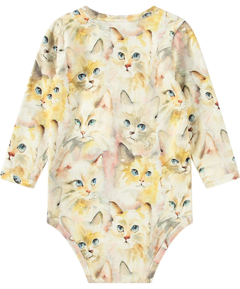 Foss - Aquarelle Cats - Rompertje van biologisch katoen met lange mouwen en kattenprint.