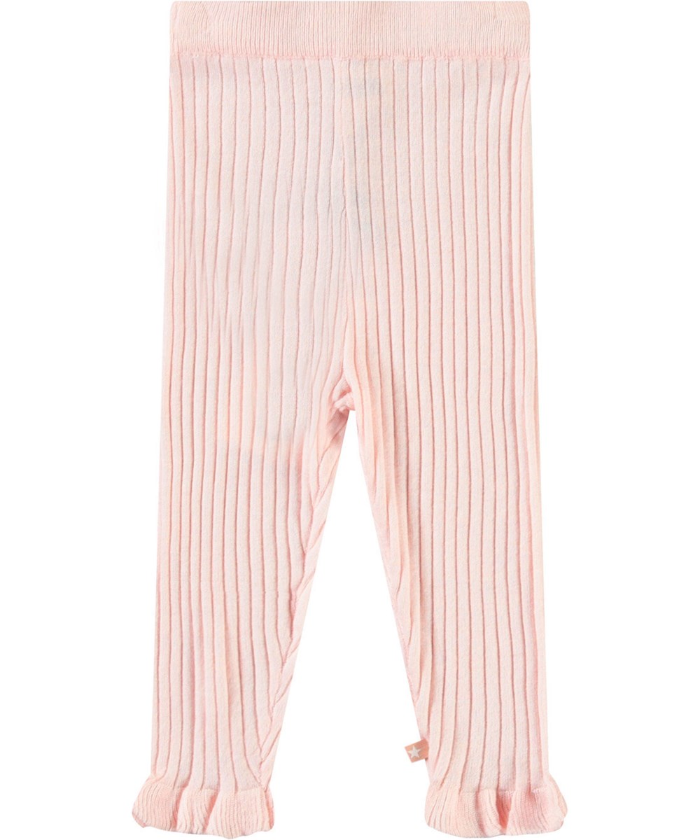 Sanne - Charlotte Pink - Roze gebreide babybroek met mooie ruches in een zachte rib.