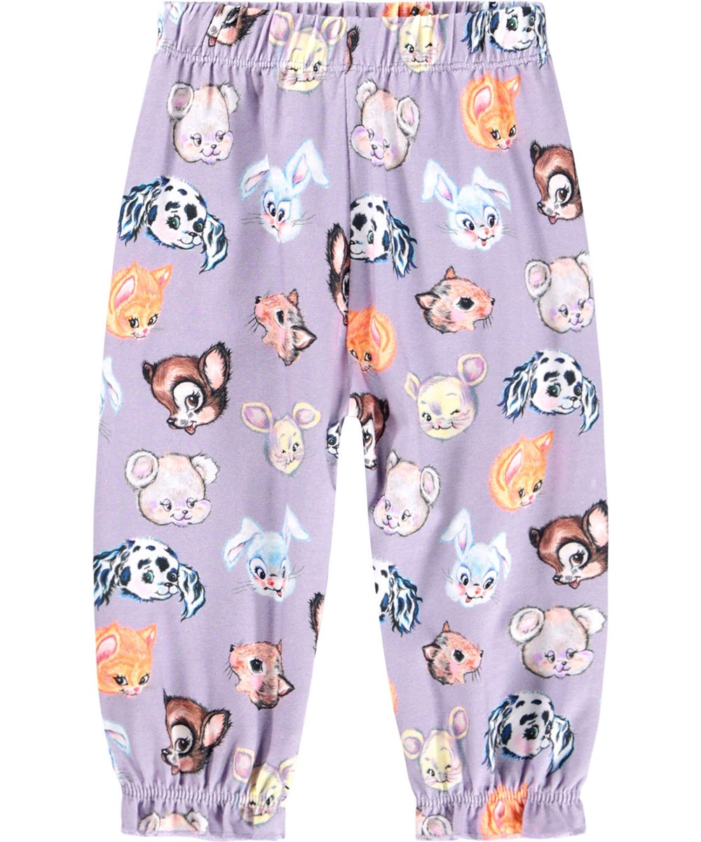 Selena - Itty Bitty - Lichtpaarse broek voor de kleintjes gemaakt van biologisch katoen met een print van getekende dieren.