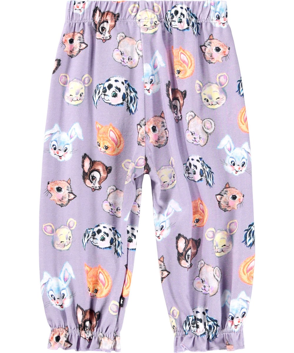 Selena - Itty Bitty - Lichtpaarse broek voor de kleintjes gemaakt van biologisch katoen met een print van getekende dieren.