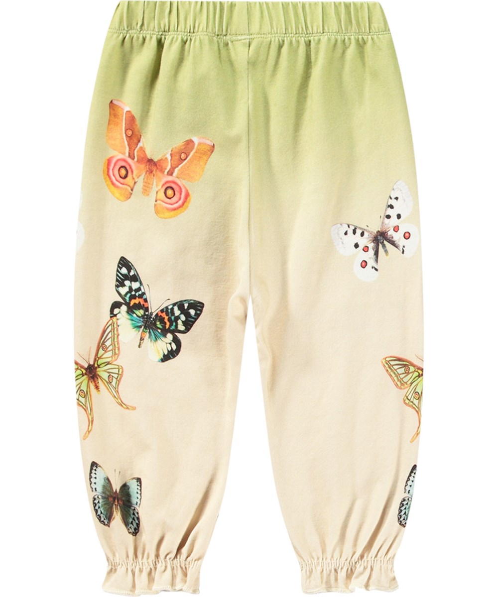 Selena - Papillon Pants - Gebrokken witte en groene joggingbroek van biologisch katoen met een kleurrijke vlinderprint.