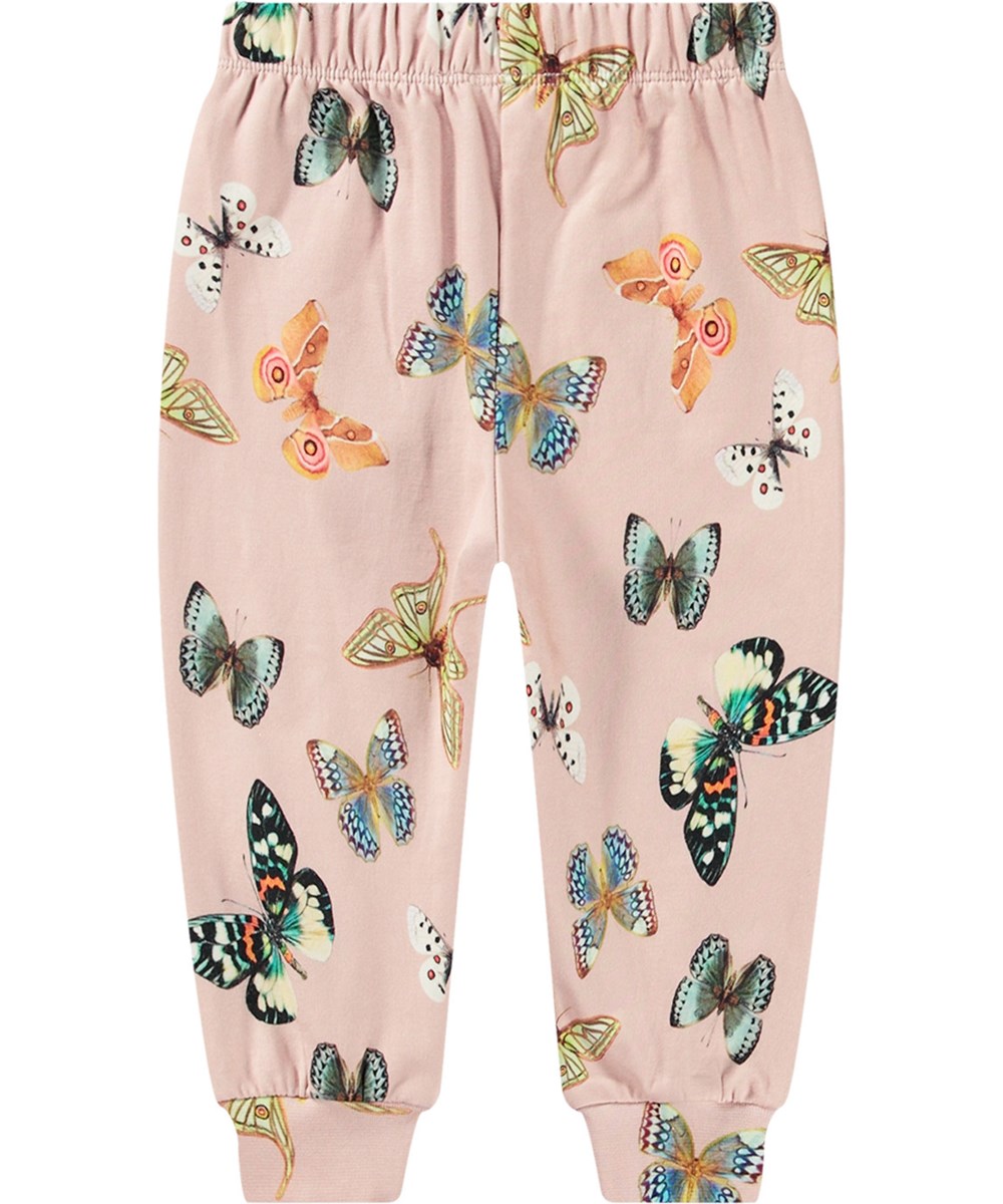 Simeon - Blush Papillions - Roze biologische katoenen joggingbroek met elastische tailleband, geribbelde boorden en vlinderprint.