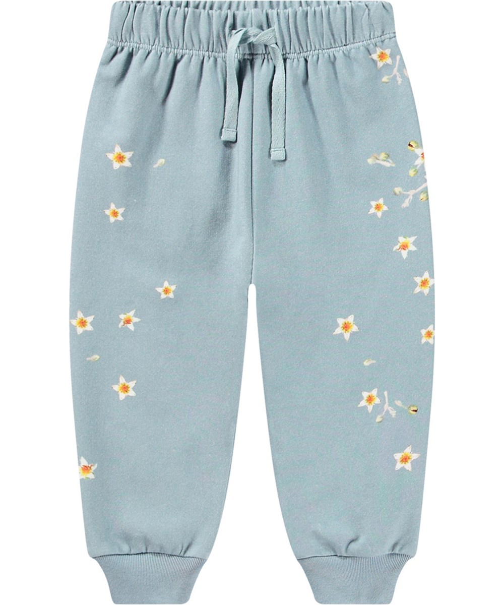 Simeon - Kitten Star Dusty - Lichtblauwe biologische katoenen joggingbroek met elastische tailleband, geribbelde boorden en bloemenprint.