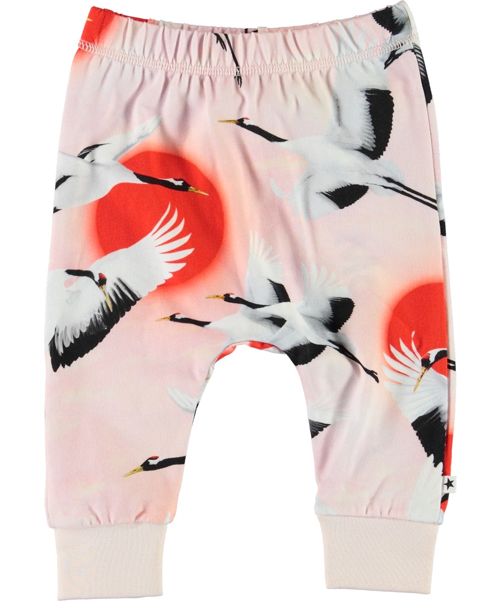Simone - Sunrise Cranes - Roze babybroek met vogels