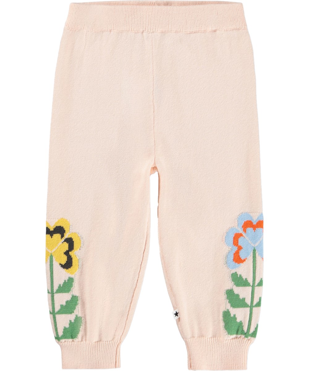 Sol - Folklore Garden - Roze gebreide broek voor de kleintjes gemaakt van biologisch katoen met bloemen