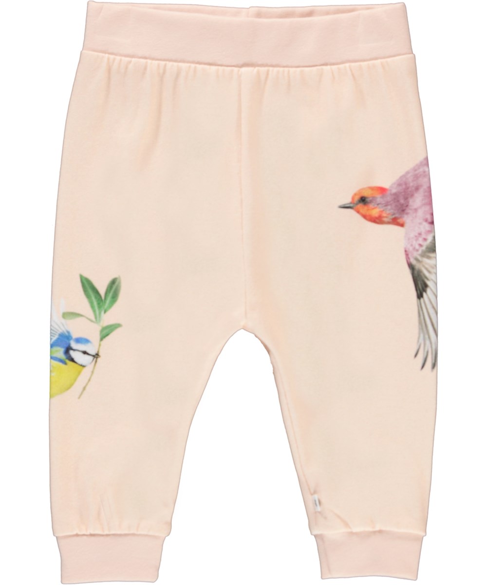 Susanne - Flying Peace - Lichtroze biologische babybroek met vogelprint
