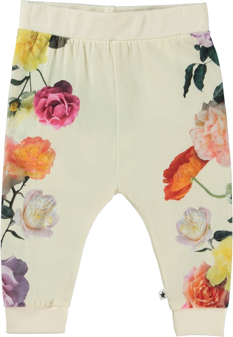 Susanne - Rose Vine - Lichtgele biologische babybroek met rozenprint