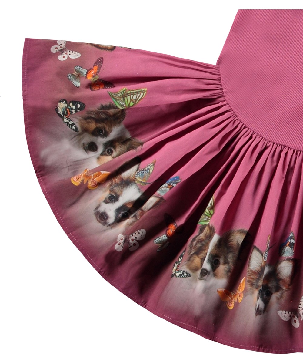 Candi - Fluffy Puppies - Roze biologische katoenen jurk met lange mouwen en puppies en vlinderprint