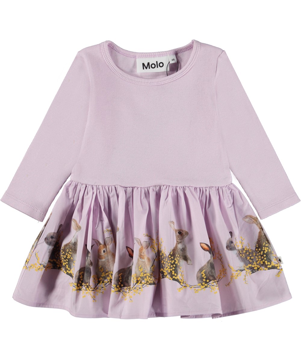 Candi - Purple Bunnies - Lichtpaarse biologische babyjurk met konijntjes print