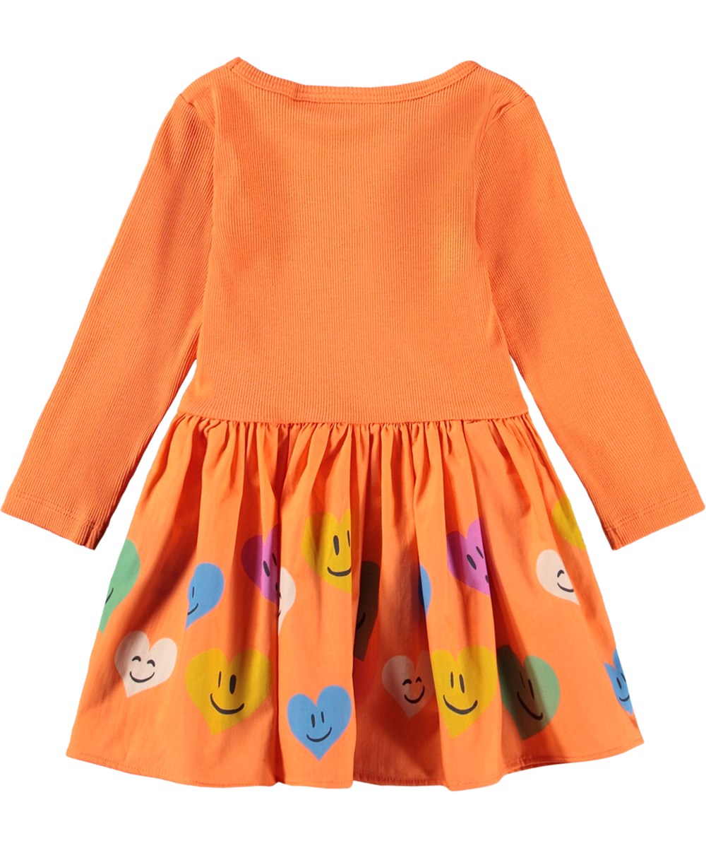 Candi - Vibrant Hearts - Lange mouwen, oranje jurk voor de kleintjes met een hartjesprint en poplin rok