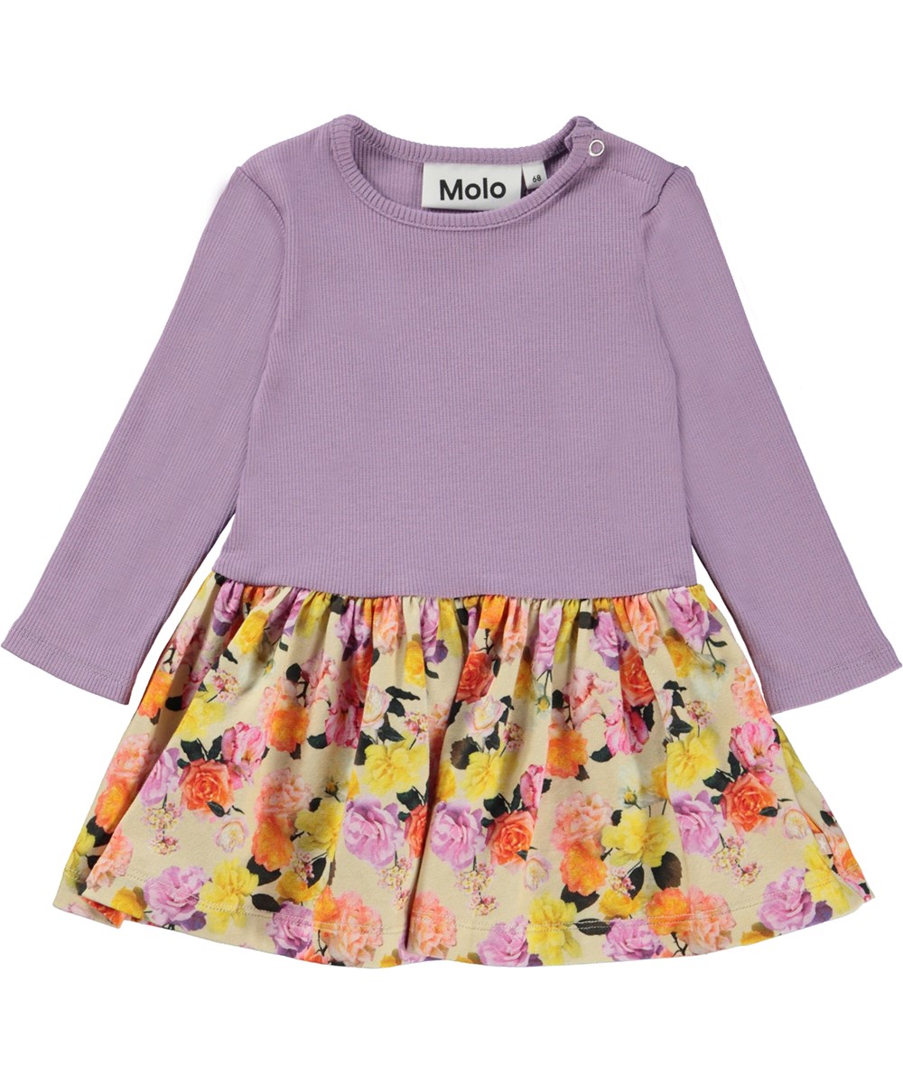 Carel - Baby Roses - Paarse biologische babyjurk met rok met rozenprint