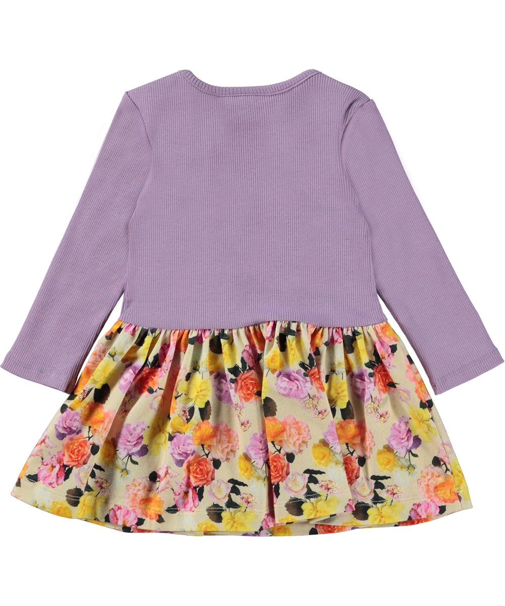 Carel - Baby Roses - Paarse biologische babyjurk met rok met rozenprint