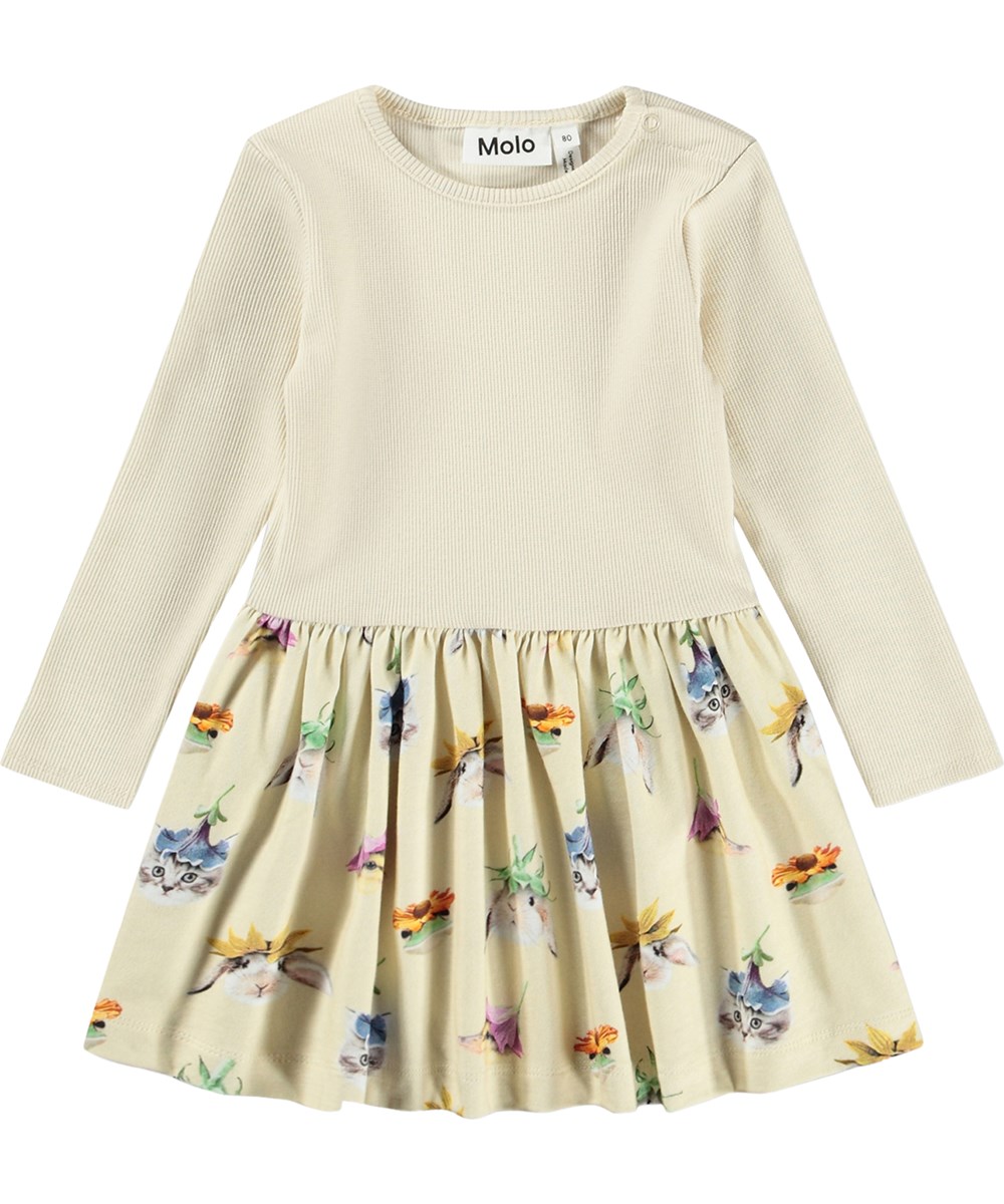 Carel - Floral Fun Baby - Gele, lange mouwen jurk voor de kleintjes met een dierenprint op de rok