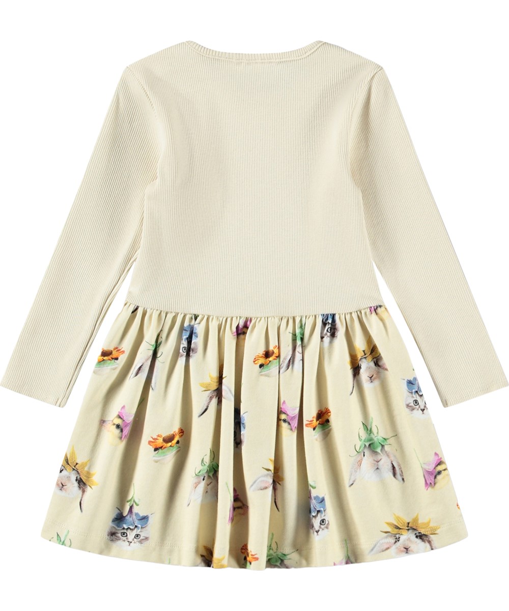 Carel - Floral Fun Baby - Gele, lange mouwen jurk voor de kleintjes met een dierenprint op de rok