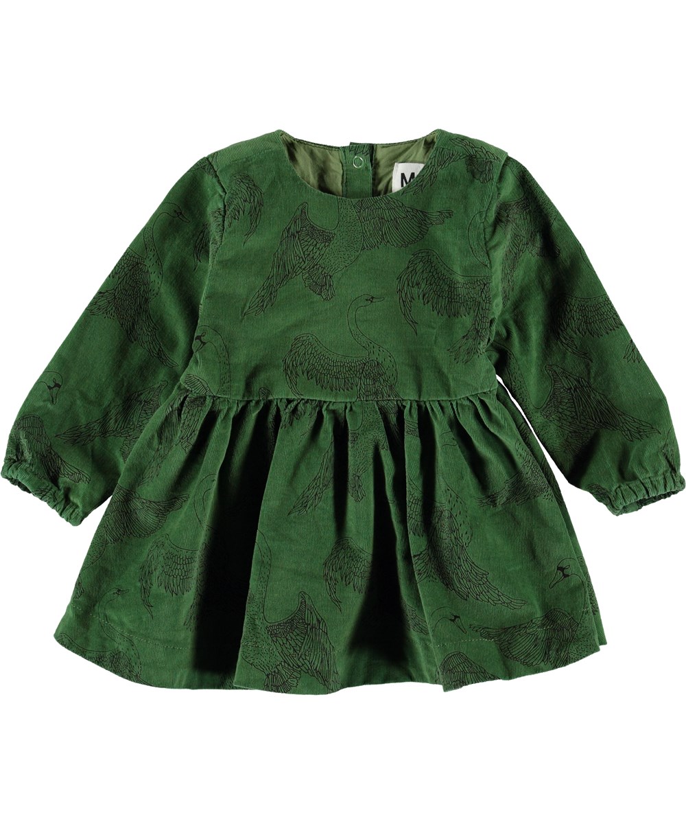 Celia - Swan Dance - Groene corduroy babyjurkje.