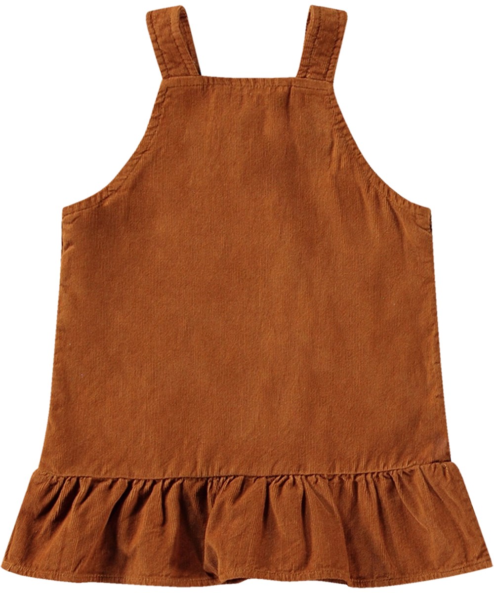 Celina - Brown Sugar - Bruine fluwelen overgooierjurk van zacht biologisch katoen met ruches.