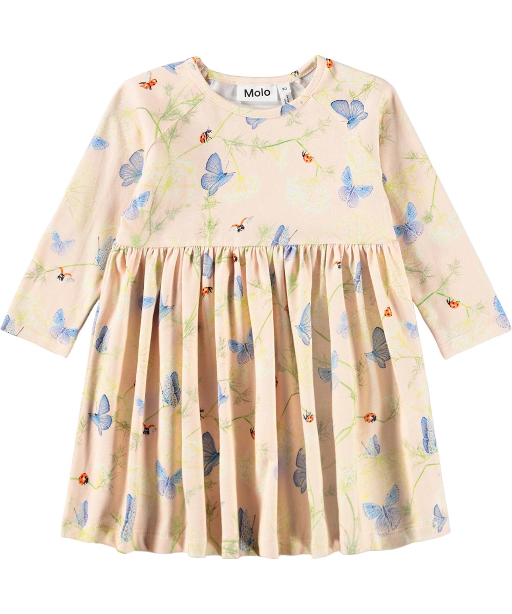 Charmaine - Butterflys Cloud - Roze, lang mouwloos jurkje voor de kleintjes met een vlinderprint