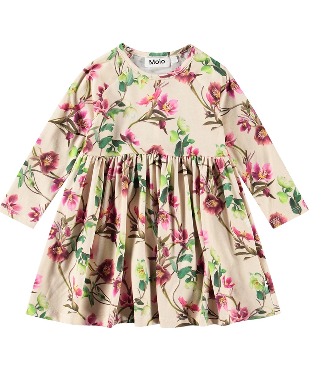 Charmaine - Hellebore - Beige jersey jurk van biologisch katoen met bloemenprint.
