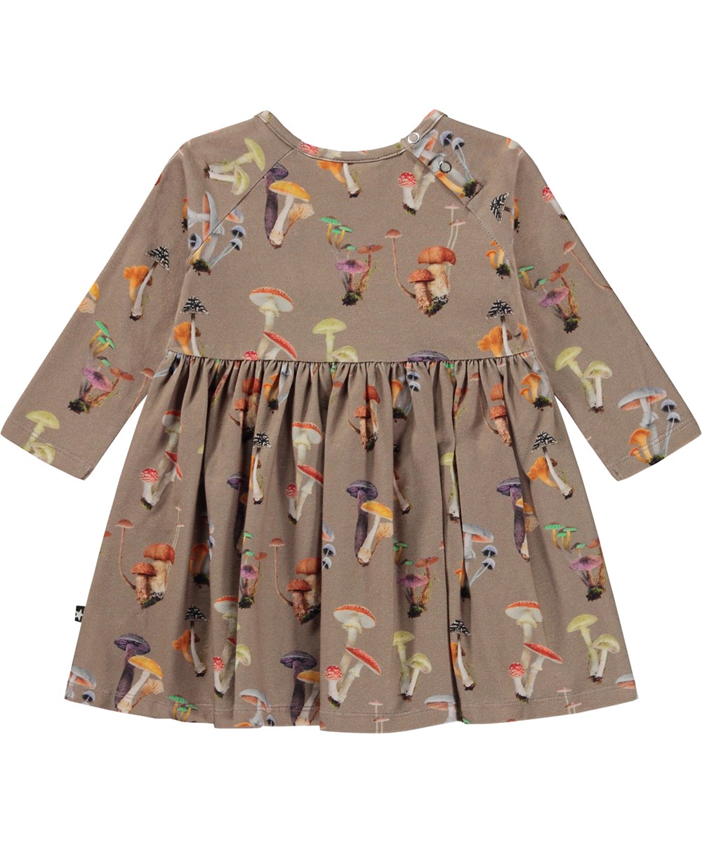 Charmaine - Mini Fungi - Beige biologische babyjurk met paddenstoelen print