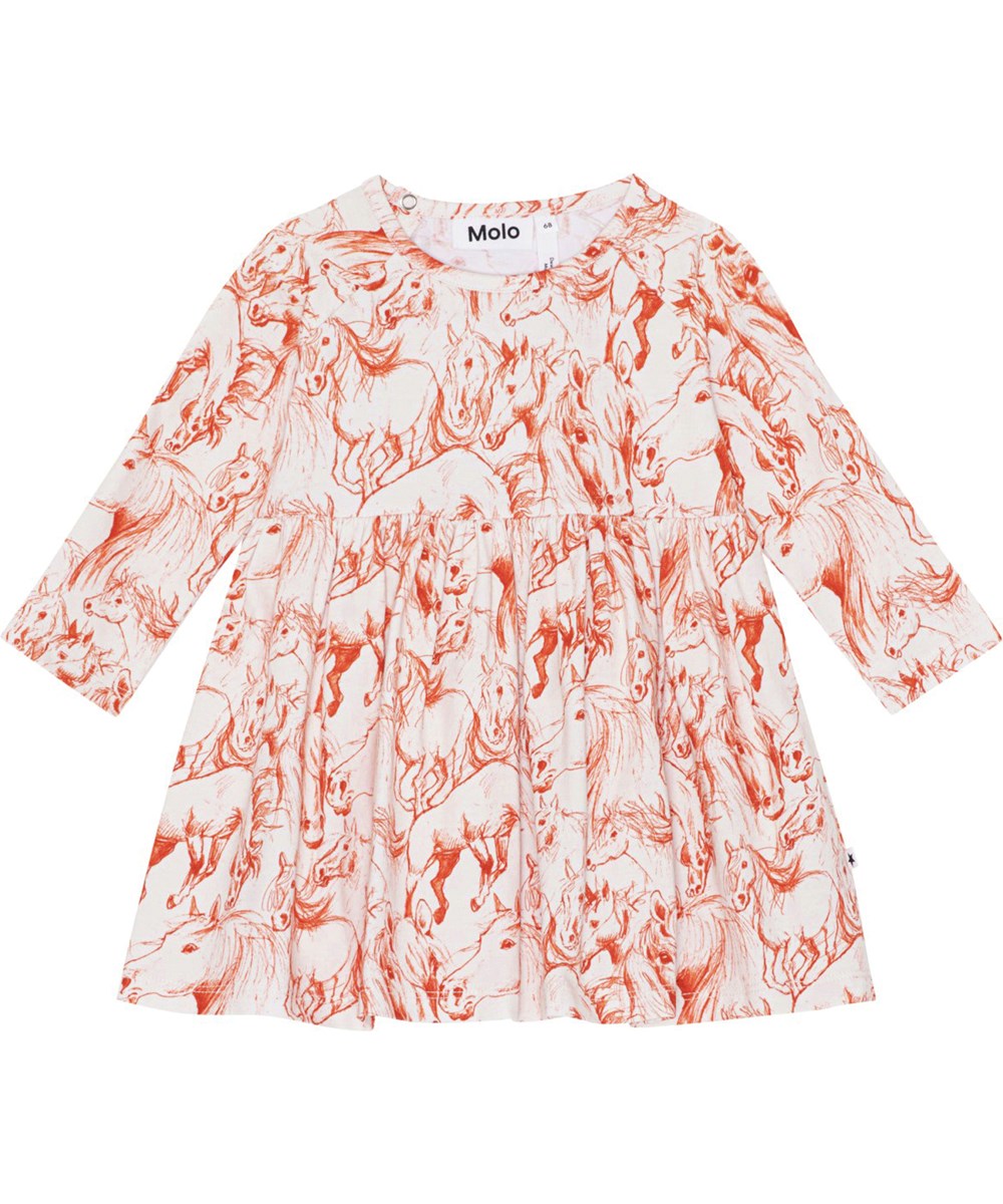 Charmaine - Red Horses - Rode en witte biologische babyjurkje met paardenprint
