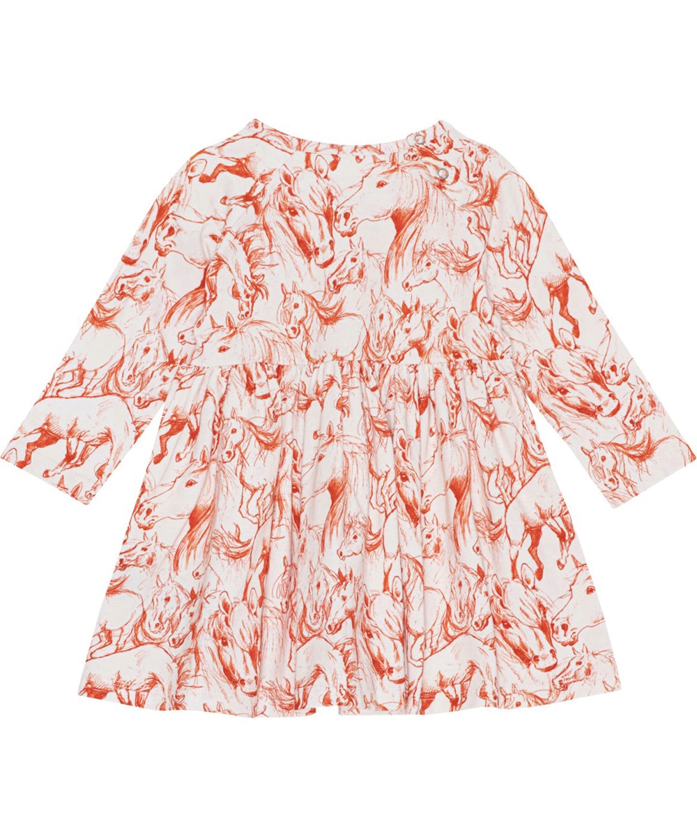 Charmaine - Red Horses - Rode en witte biologische babyjurkje met paardenprint