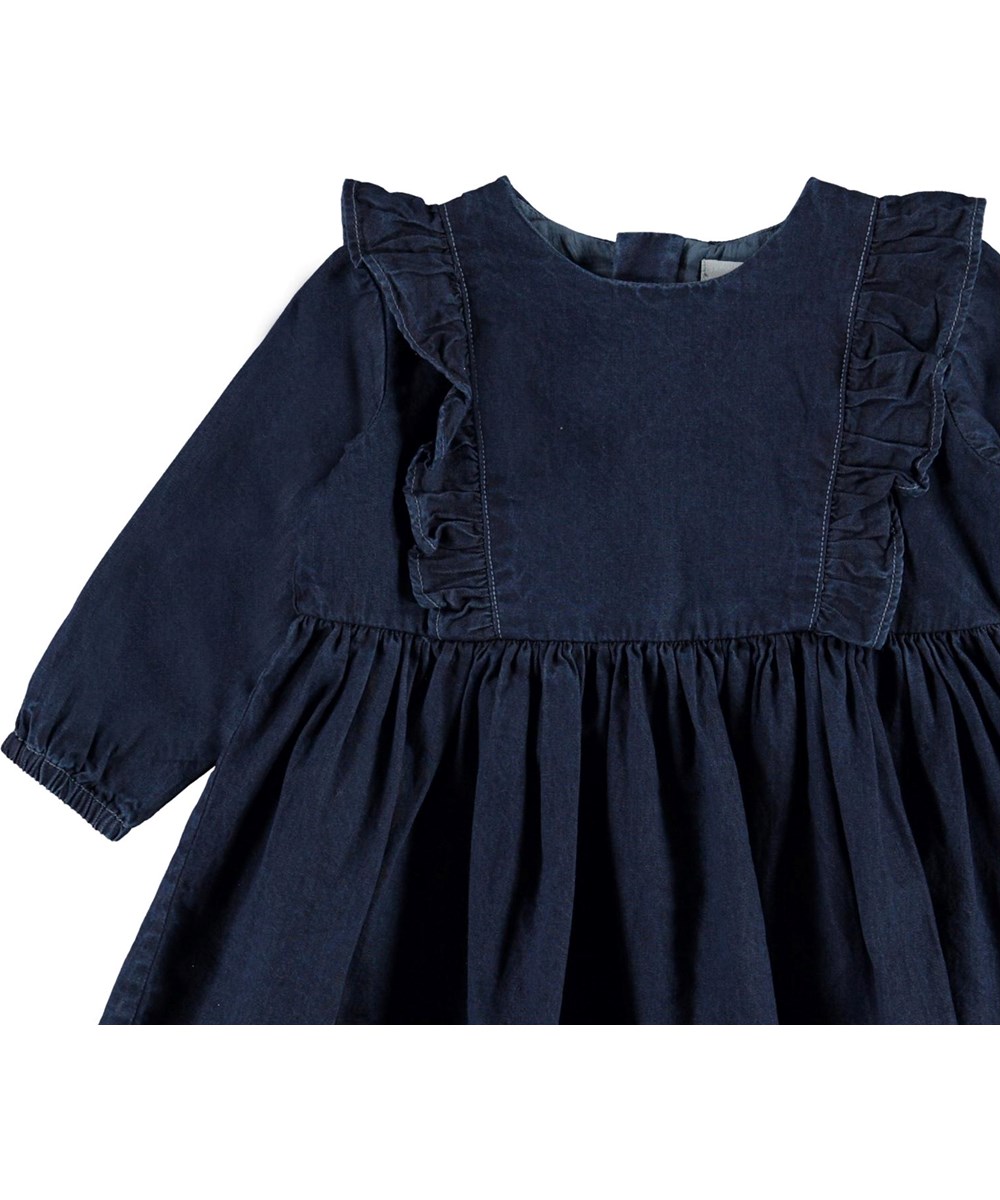 Chocho - Dark Indigo - Donkerblauwe baby spijkerjurk met ruches