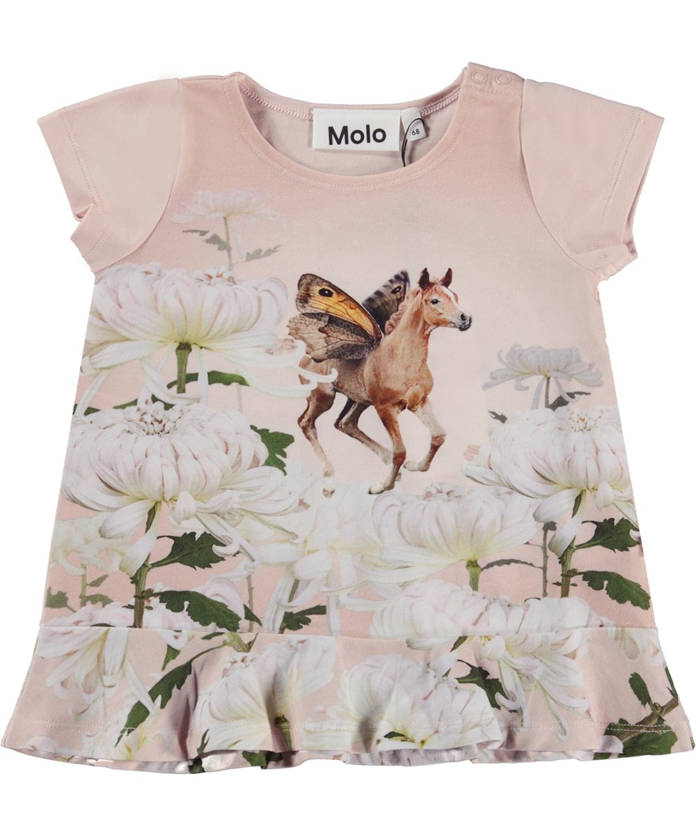 Coletta - Flowery Foal - Roze biologische babyjurk met vliegende veulenprint