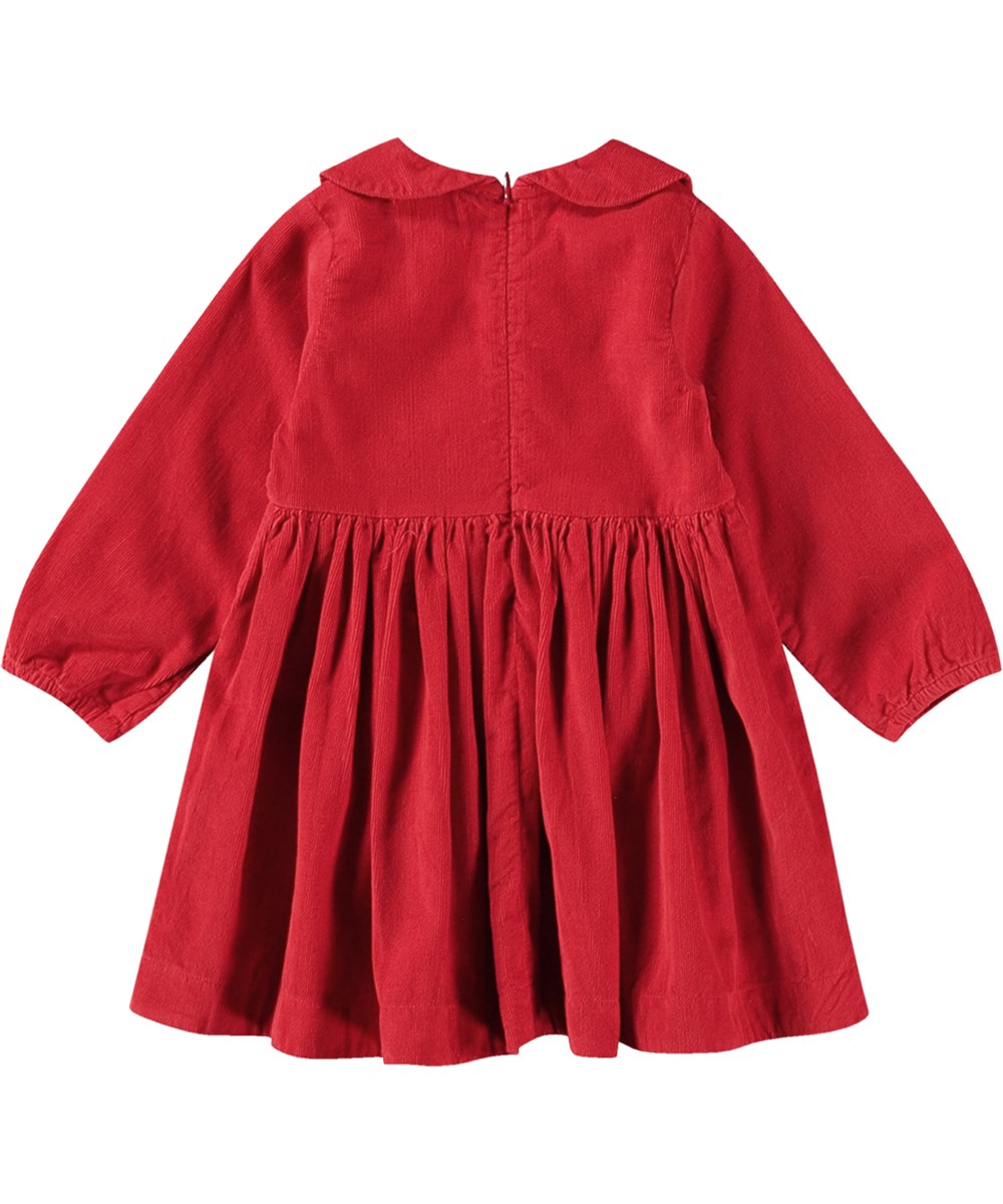 Colleta - Adrenaline Rush - Rode knielange fluwelen jurk voor baby's en peuteres met kraag en plooien.