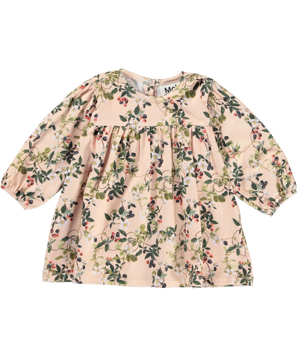 Coral - Bramble Rose - Lichtroze babyjurk met een print van bramenstruiken