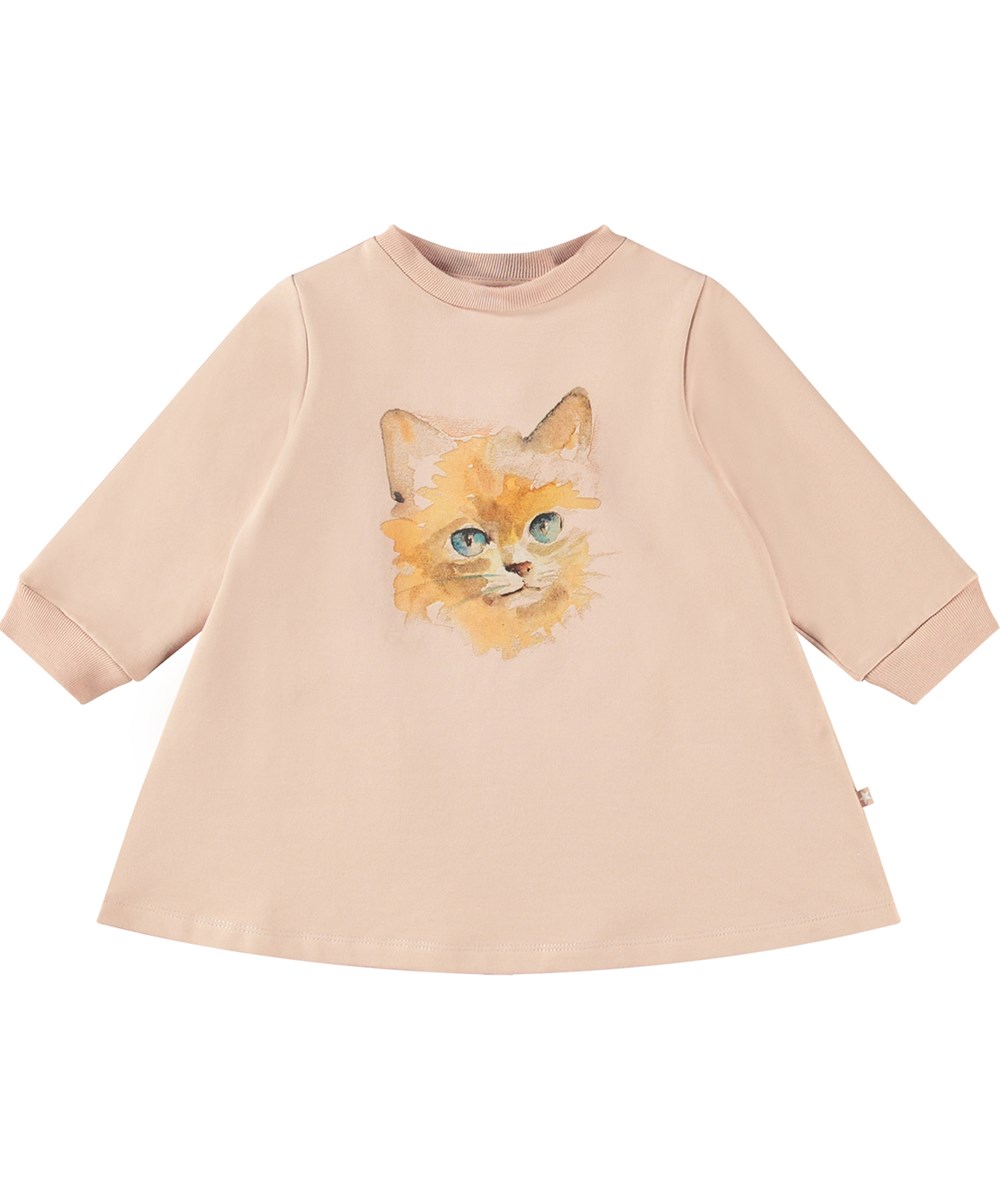 Corey - Blush Cat - Lichtroze sweatjurk van biologisch katoen met op de voorkant een print van een aquarel geschilderde poes.