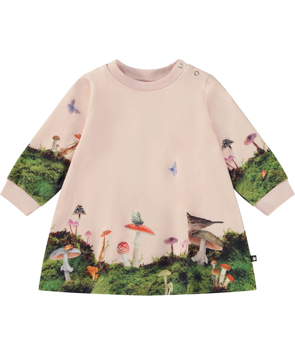 Corey - Forest Border - Roze babyjurk met een print van het bos, paddenstoelen en dieren