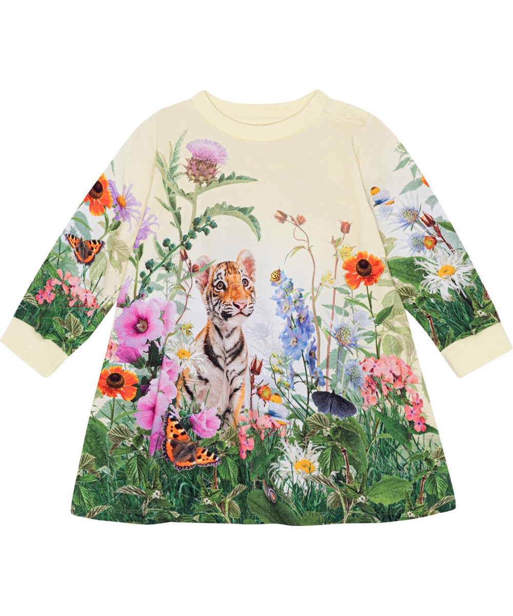 Corey - Garden Dress - Gele en groene biologische babyjurkje met bloemenprint