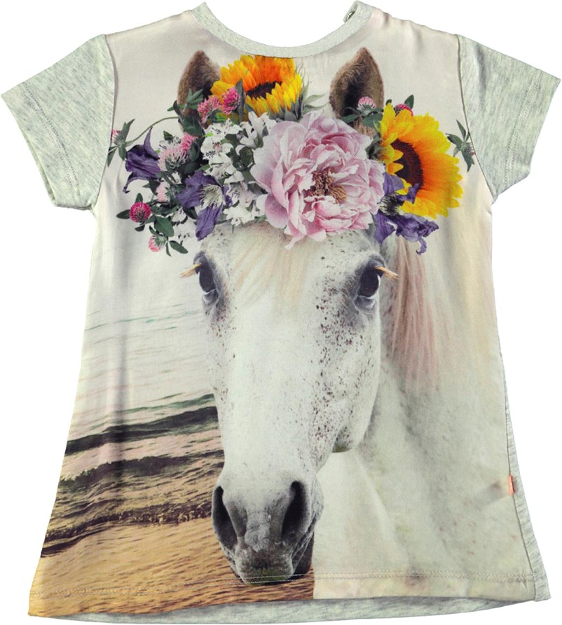 Corina - Flicka Baby - Grijs gemêleerde jurk met korte mouwen in paardenprint 