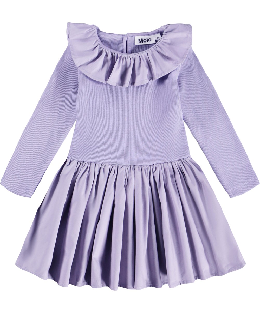 Crystala - Faded Purple - Lichtpaars popeline jurk voor de kleintjes gemaakt van biologisch katoen. De top is van ribtricot en de kraag en rok zijn van popeline.