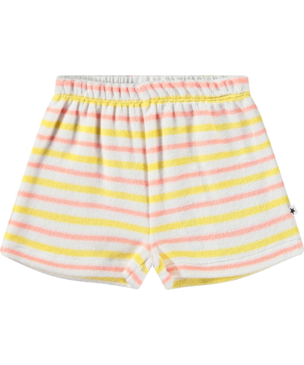 Signe - Sun Melon Stripe - Babyshort van zacht katoenen badstof. Het is gestreept ini zit, geel en roze.