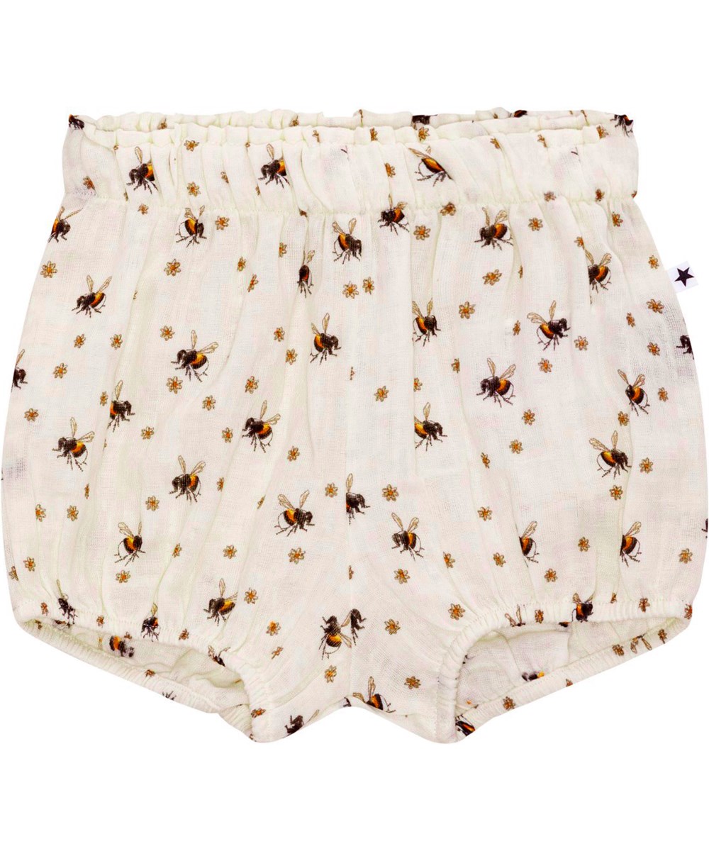 Soon - Bumblebee - Voor kleine kinderen een gebroken witte bloomer broek van biologisch katoen met een schattige print van kleine bloemen en hommels 