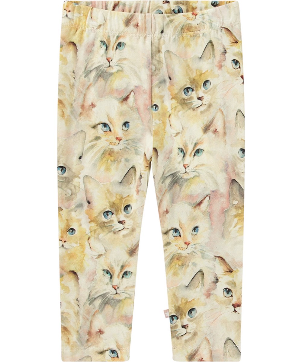 Stefanie - Aquarelle Cats -  Lichtgele biologische legging met een all-over schattige aquarel geschilderde poezenprint