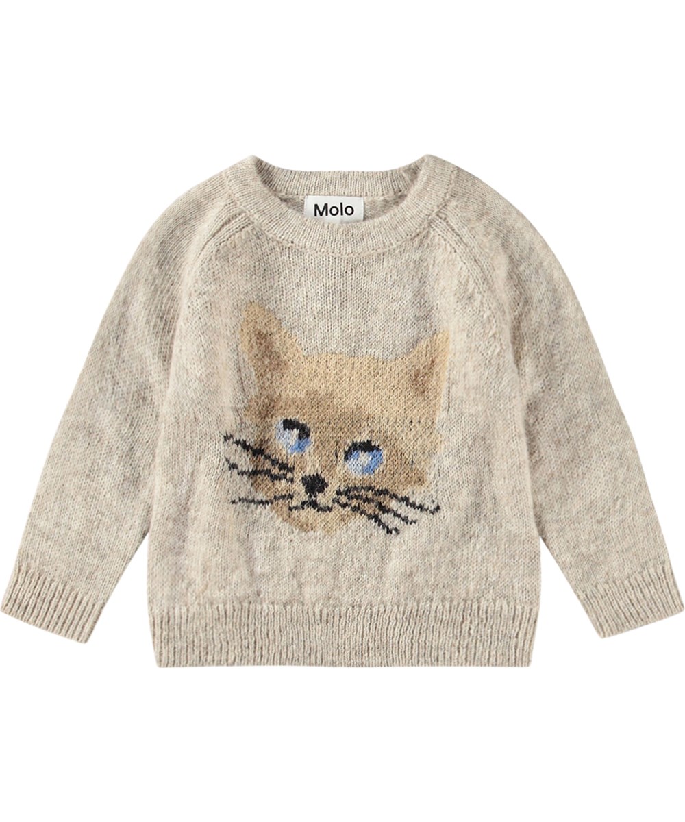 Gilby - Kitten Knit - Beige gemêleerde gebreide trui van een zachte wolmix met een schattige kattenprint.