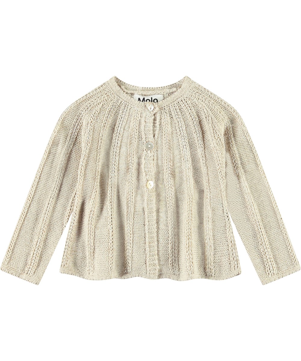 Grit - Sand Melange - Beige gestreepte babyvest. Het heeft een prachtig gestreept breipatroon en een ruimvallende A-lijn pasvorm.