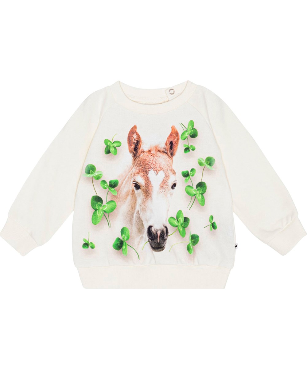 Disc - Clover Foal - Gebroken witte trui voor kleine kinderen van biologisch katoenen jersey met op de voorkant een schattige print van een prachtig paard temidden van klavertjes