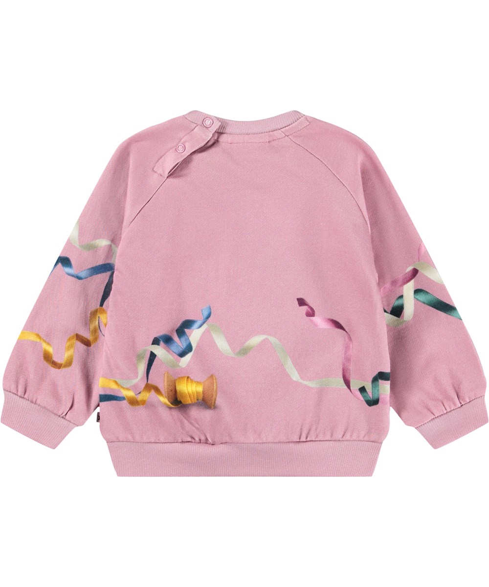 Disc - Ribbon Play - Biologische donkerroze baby sweater met een print van dieren met strikjes erop.